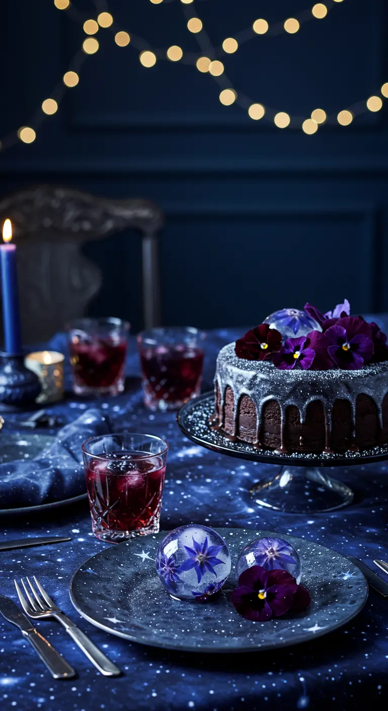 Table de brunch sur le thème de la galaxie avec des sphères de gelée florale.