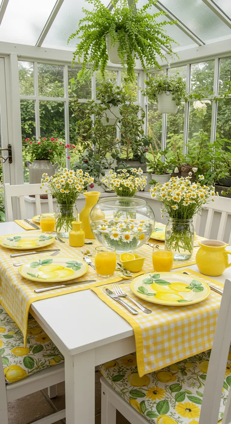 Table dans une véranda avec nappe à carreaux jaunes et bouquets de pâquerettes.