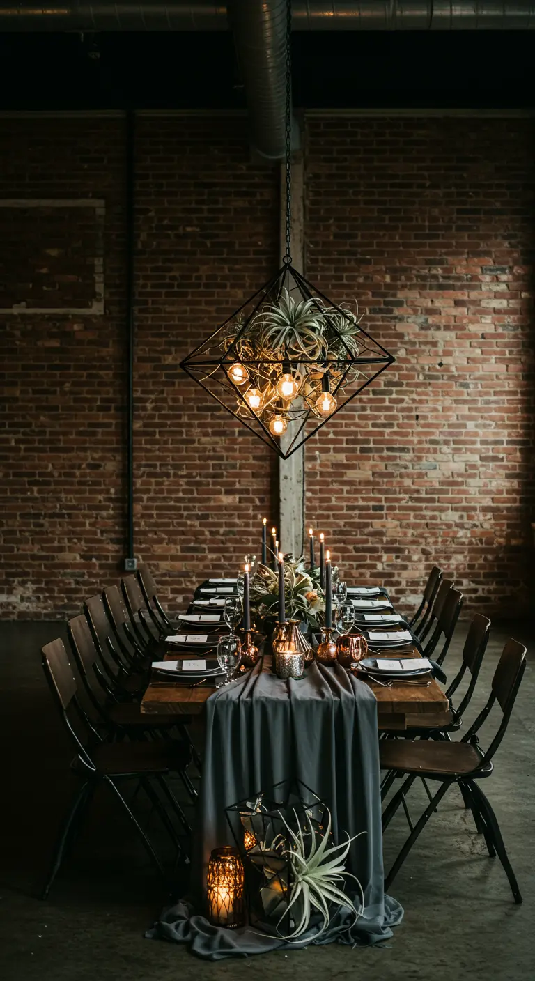 Table de mariage dans un loft avec un lustre géométrique noir rempli de plantes aériennes.