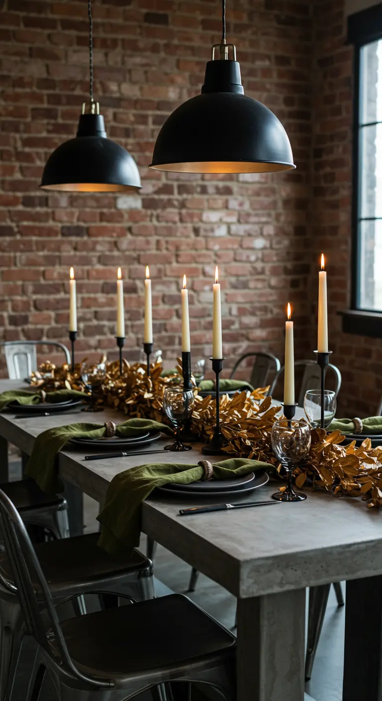 Table en béton avec guirlande de feuilles dorées et bougies hautes.