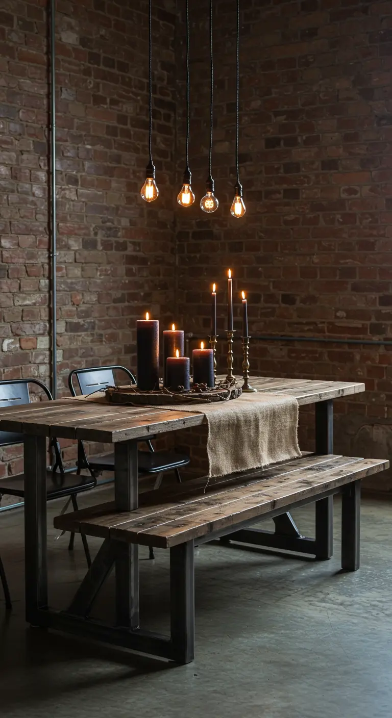 Table de style industriel avec des bougies noires sur un chemin de table en toile de jute.