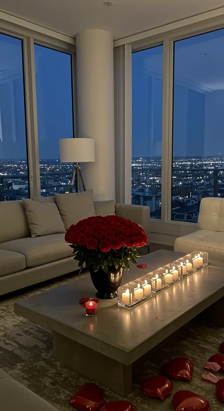 Salon moderne avec vue sur la ville, bouquet de roses et bougies alignées.