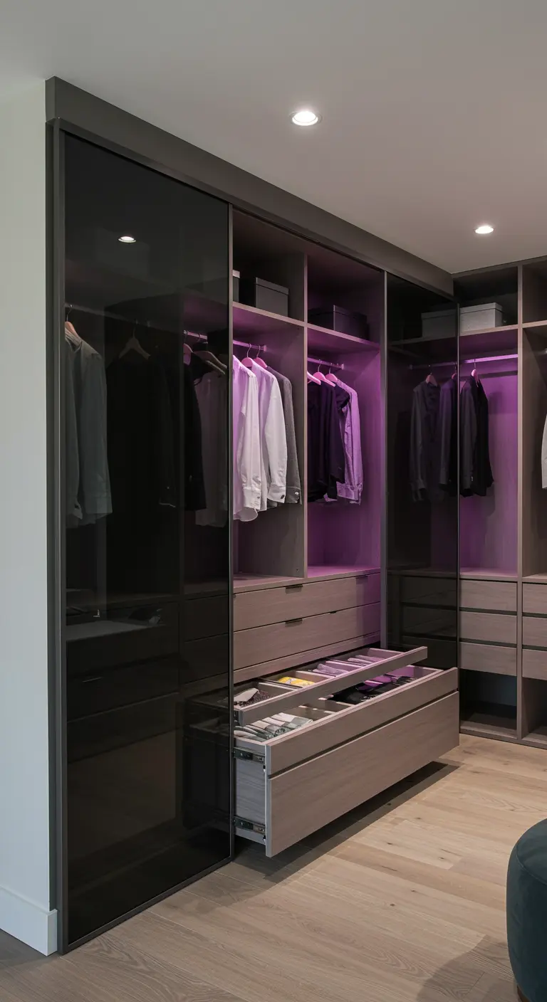 Dressing moderne avec portes en verre fumé et un éclairage intérieur violet.