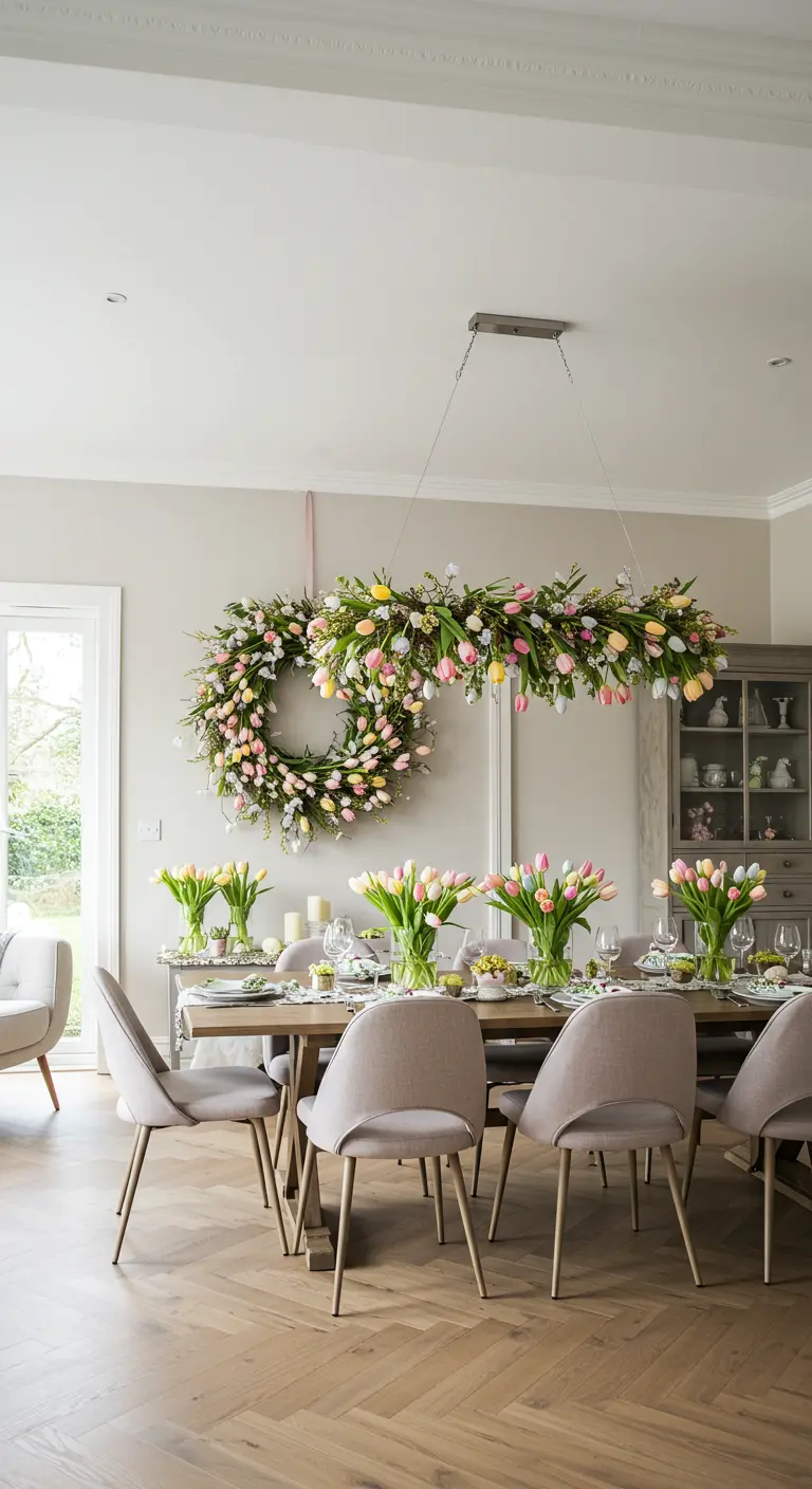Une grande couronne de tulipes suspendue horizontalement au-dessus d'une table.