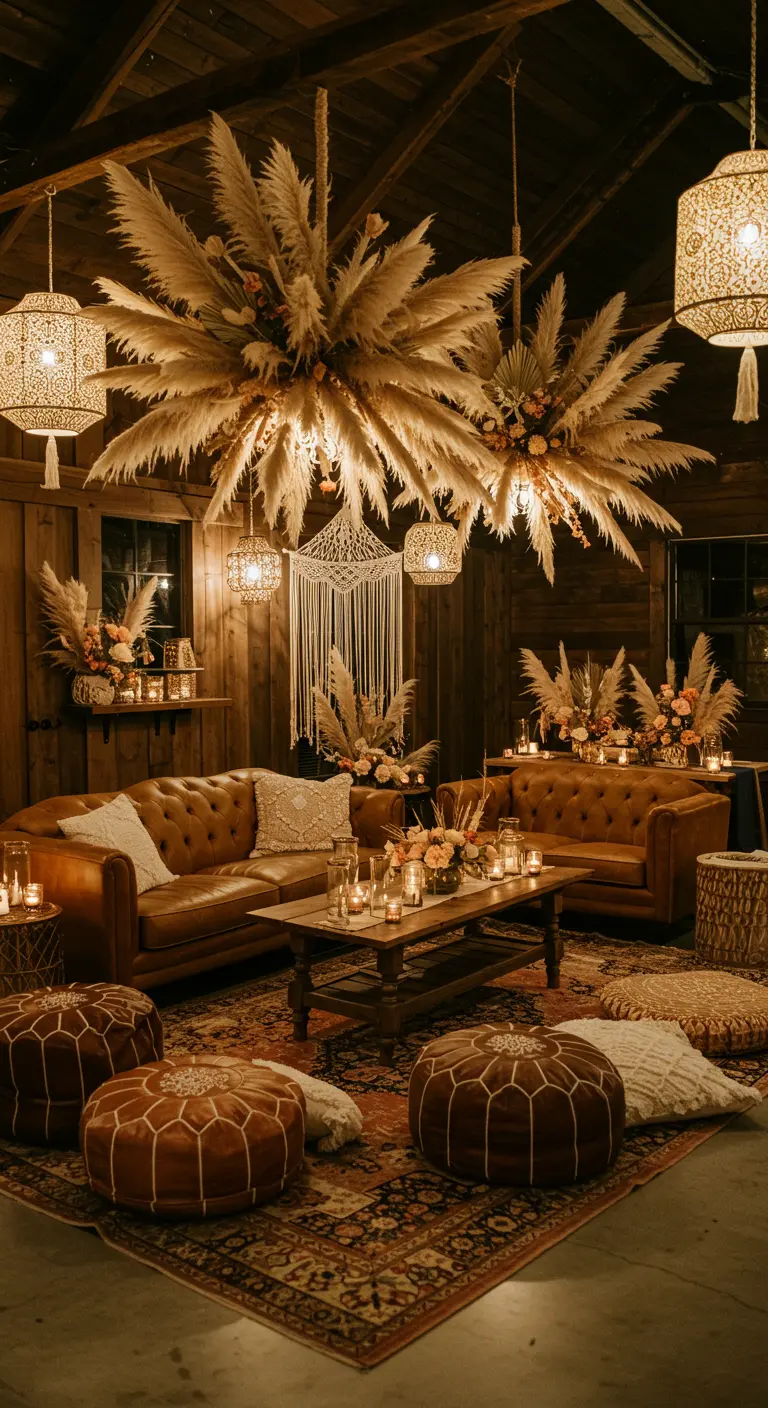Salon bohème avec canapés en cuir et lustres DIY en herbe de la pampa suspendus au plafond.