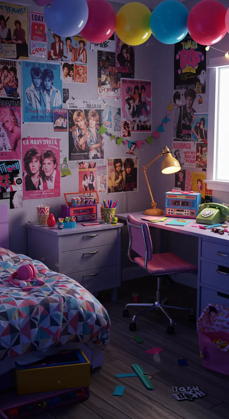 Chambre d'adolescente des années 80 avec des murs couverts de posters.