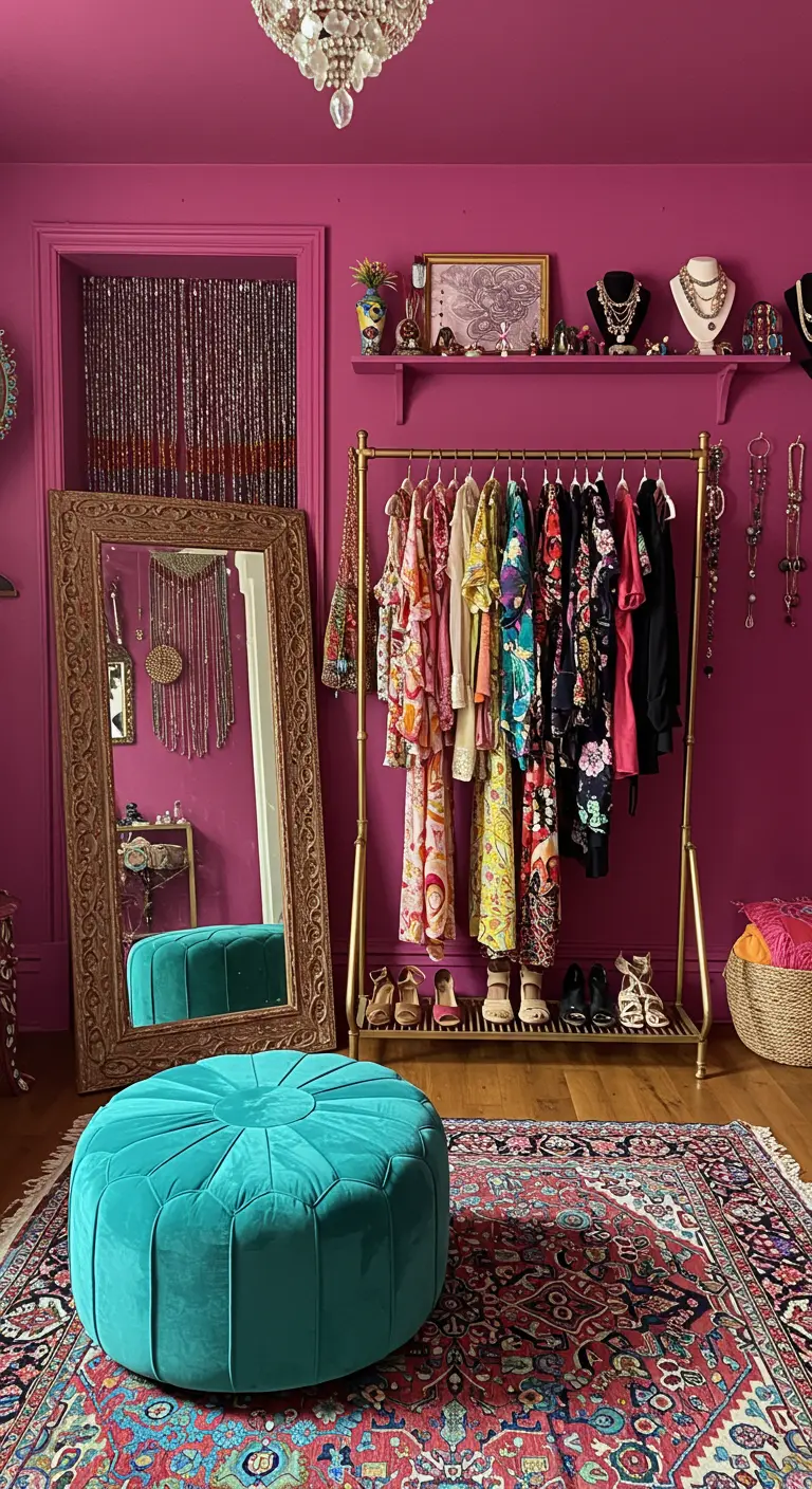 Coin dressing avec murs magenta, portant doré, pouf turquoise et grand miroir ancien.