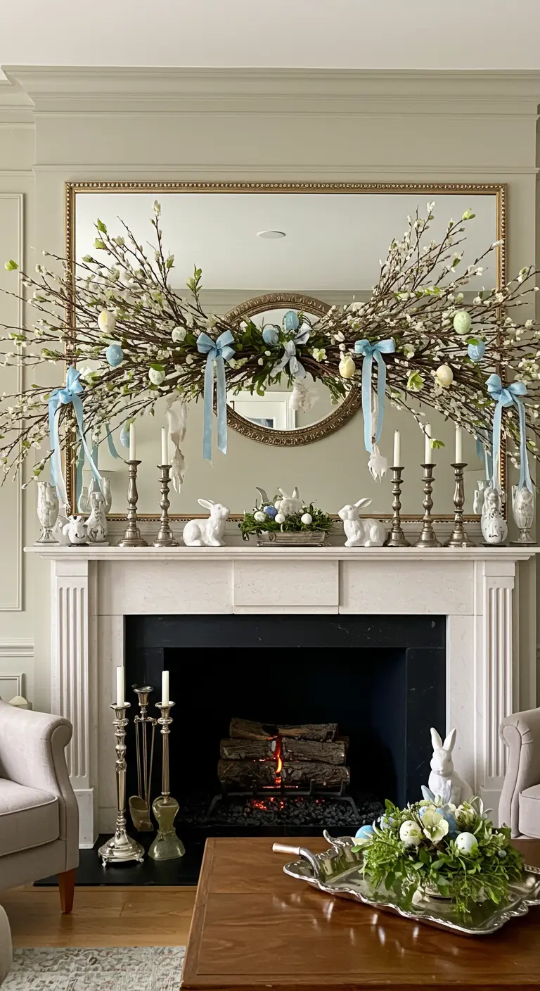 Cheminée décorée de branches de saule marsault et de rubans bleus pour Pâques.