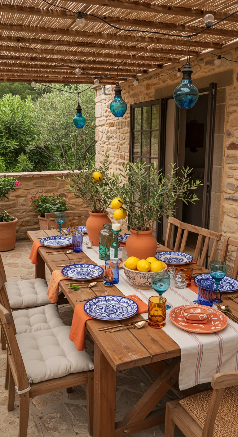Table de déjeuner en terrasse de style méditerranéen avec citronniers et vaisselle bleue.