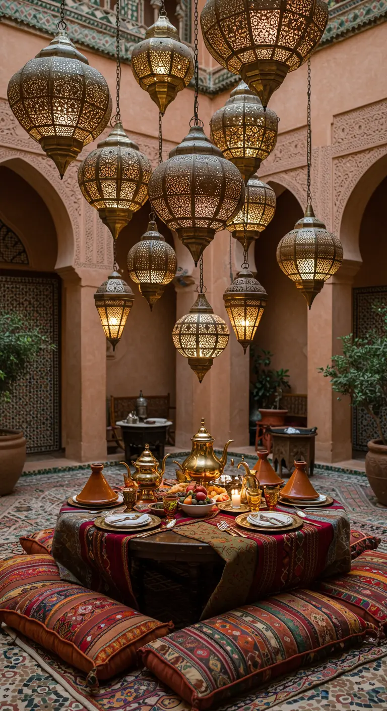 Table basse marocaine sous une grappe de lanternes orientales en métal ciselé.