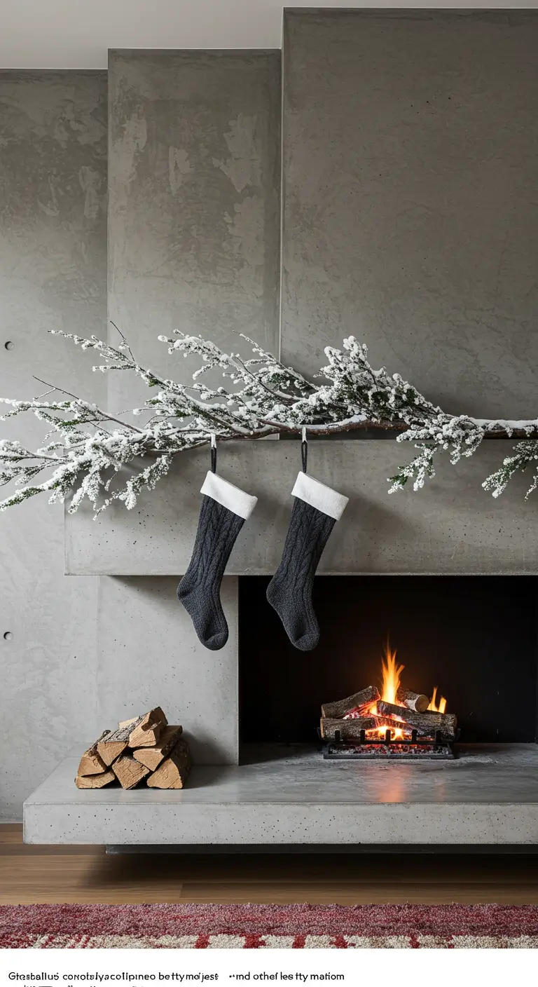 Cheminée moderne en béton avec une branche enneigée et deux chaussettes sombres.