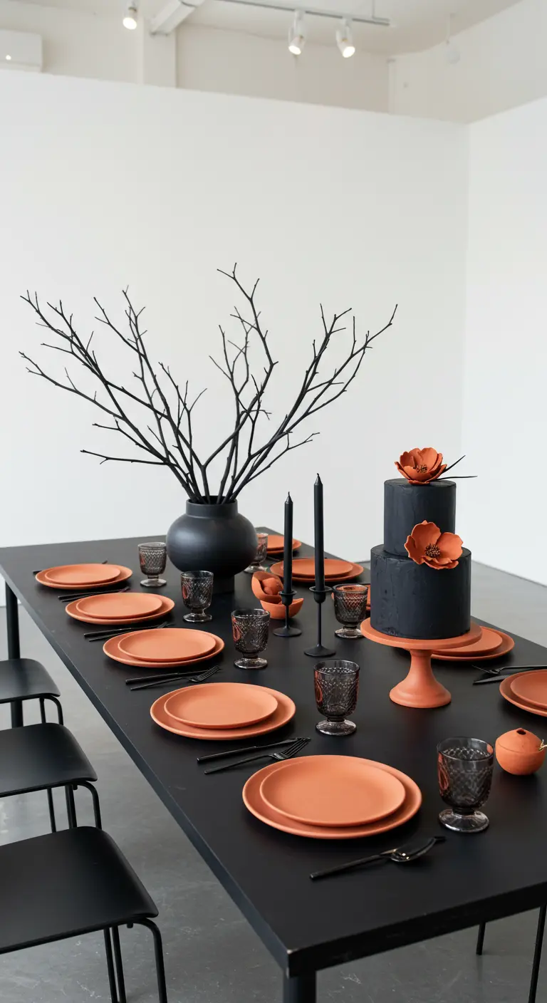 Table de fête noire minimaliste avec de la vaisselle et des fleurs terracotta.