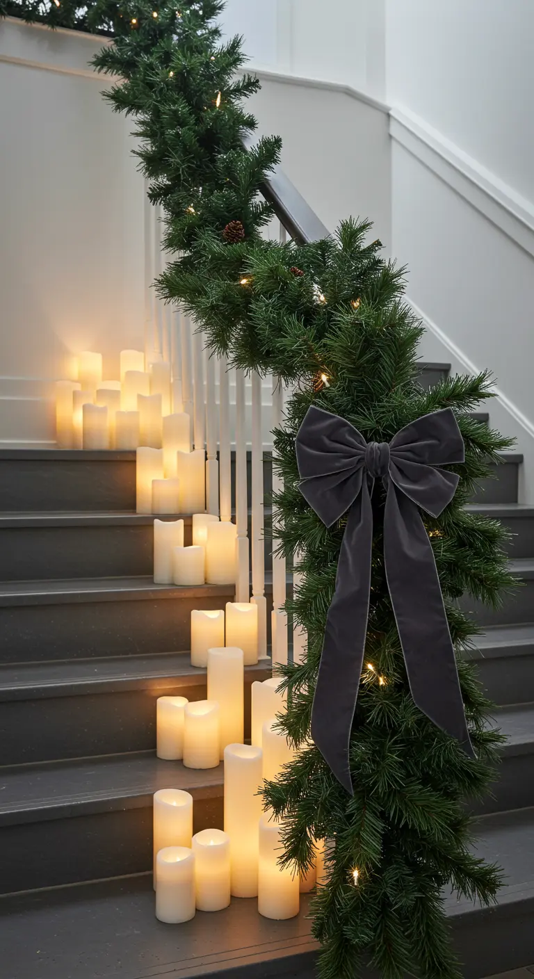Escalier gris avec une guirlande simple, un nœud en velours gris et de nombreuses bougies LED.