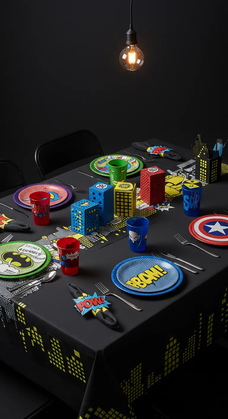 Table de fête sur le thème des super-héros avec une nappe de ville et des décorations pop.