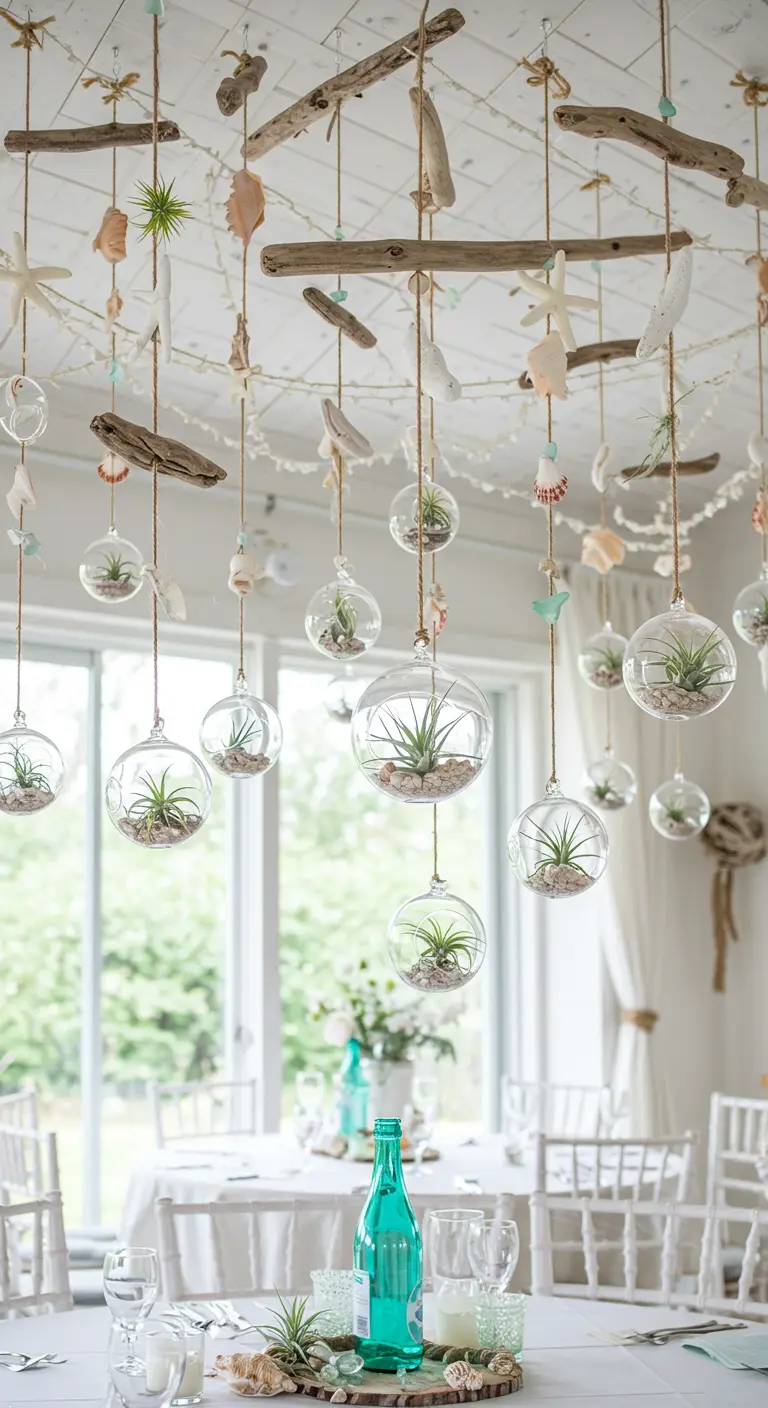 Mobiles suspendus faits de bois flotté, de coquillages et de bulles de verre avec des plantes.