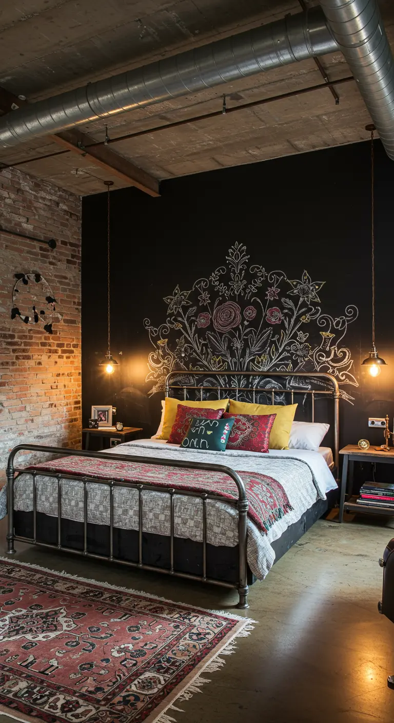 Un dessin floral complexe à la craie sur un mur peint en ardoise sert de tête de lit artistique.