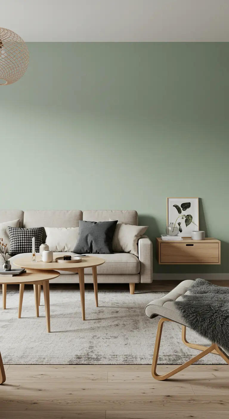Intérieur scandinave avec un mur vert sauge, canapé beige et tables basses en bois.
