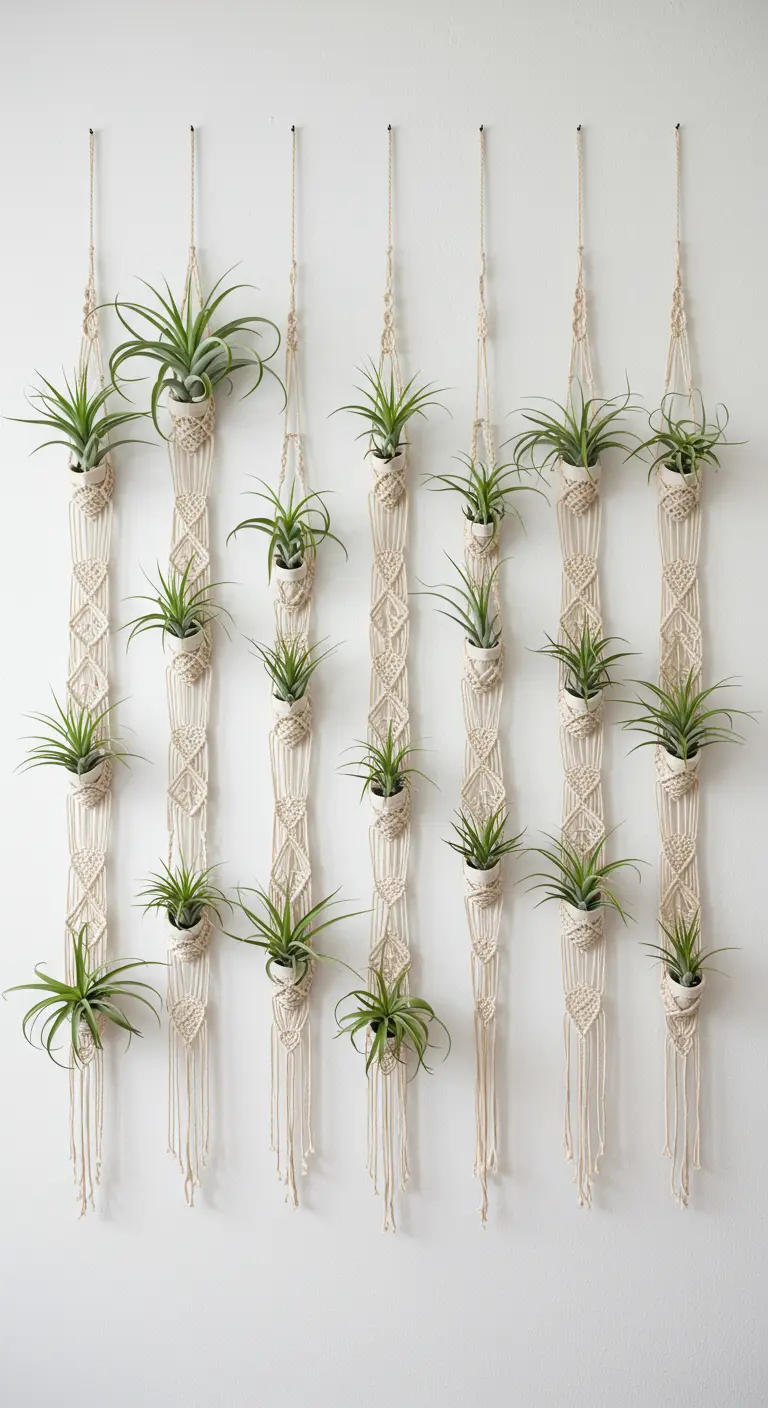 Plusieurs suspensions de plantes en macramé alignées verticalement contre un mur blanc.