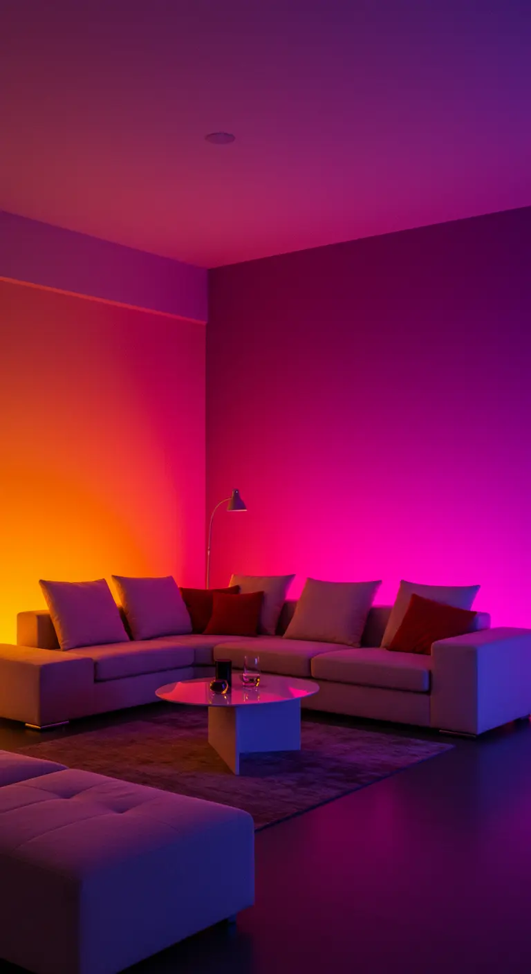 Salon minimaliste dont les murs sont éclairés par des dégradés de couleurs allant de l'orange au violet.
