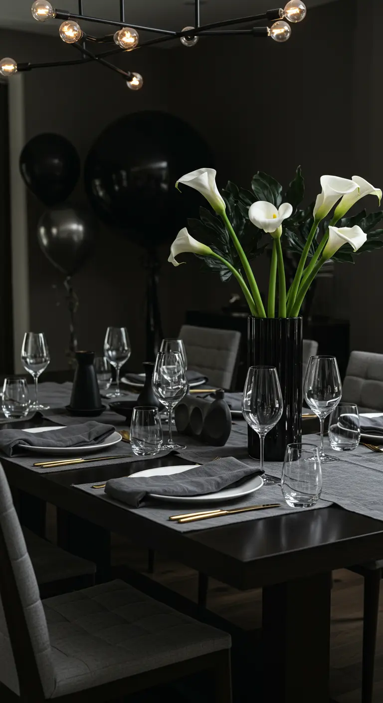 Table d'anniversaire chic en noir et blanc avec des arums blancs dans un vase noir.