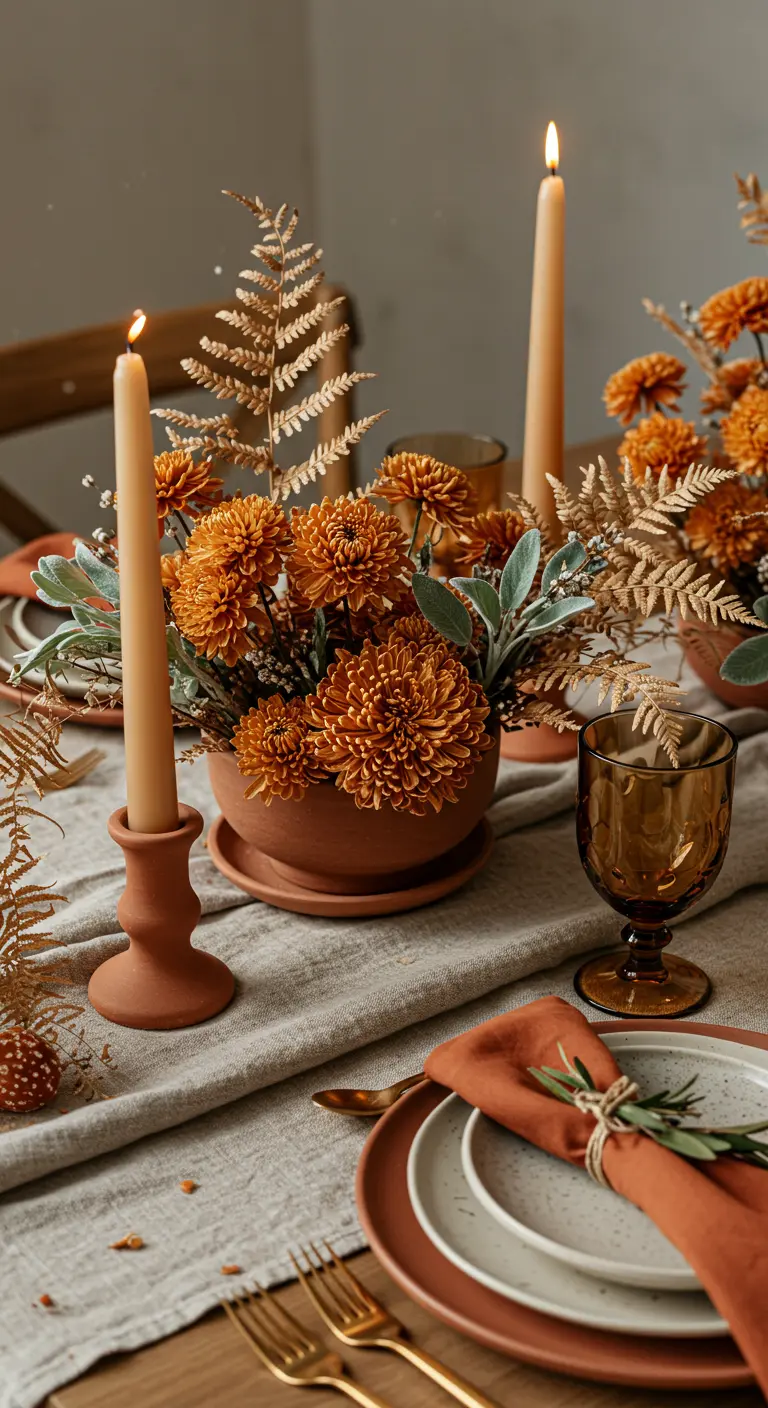 Centre de table automnal avec pots en terre cuite et fleurs orange.