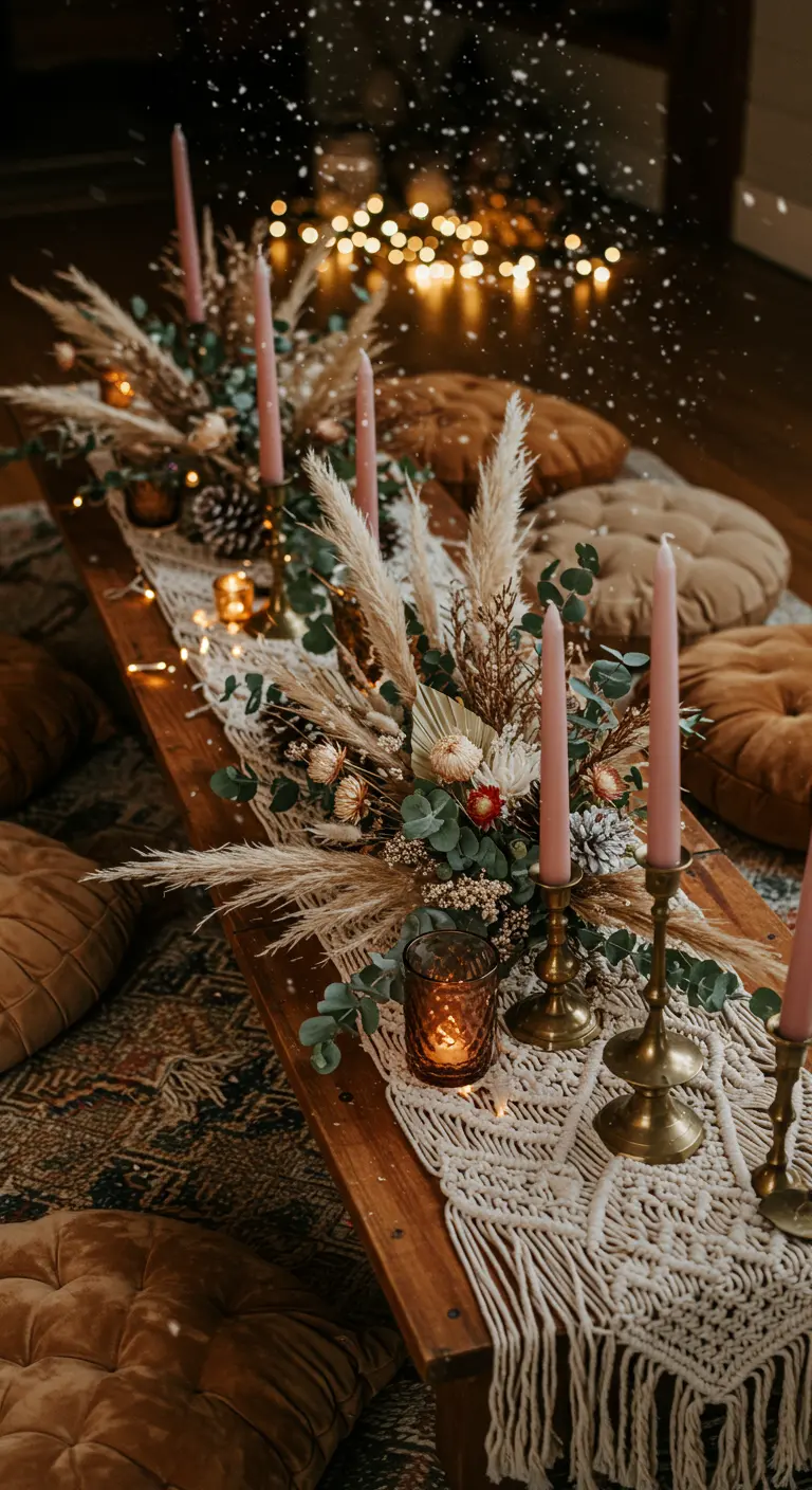 Table de Noël bohème avec pampas, macramé et bougies roses.