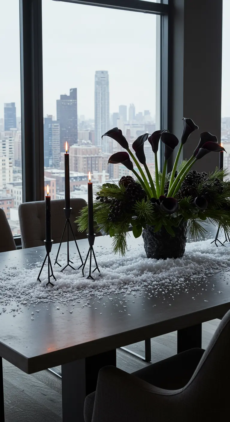 Centre de table moderne noir avec arums, bougies et neige.