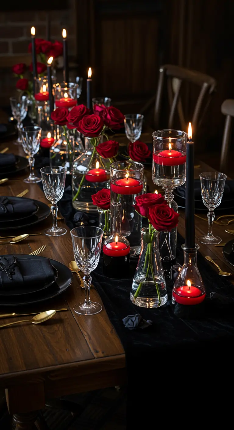 Table de dîner sombre et élégante avec vaisselle noire et roses rouges.