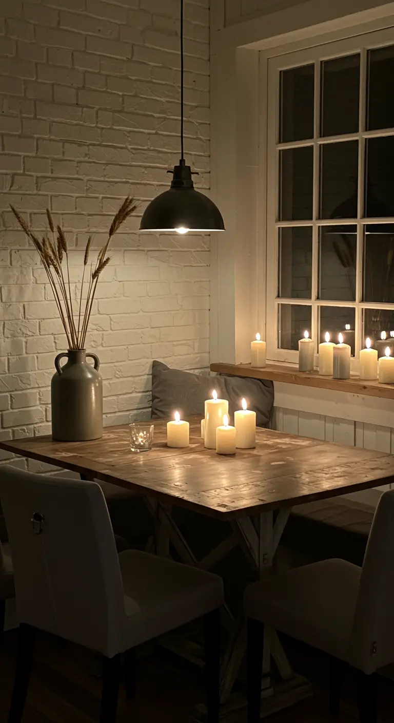 Coin repas intime avec une table en bois, des bougies et un mur de briques blanches.