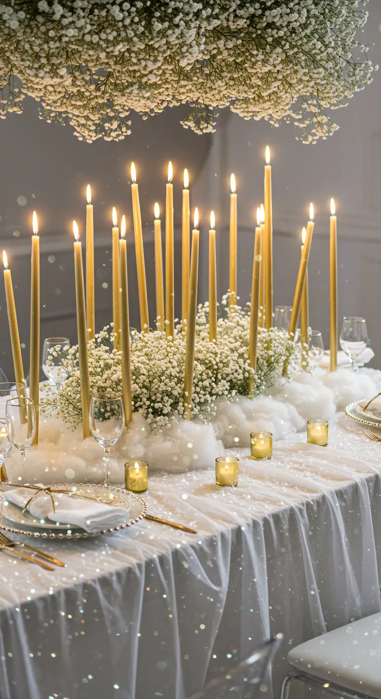 Table de fête avec un nuage de gypsophile et des bougies dorées.