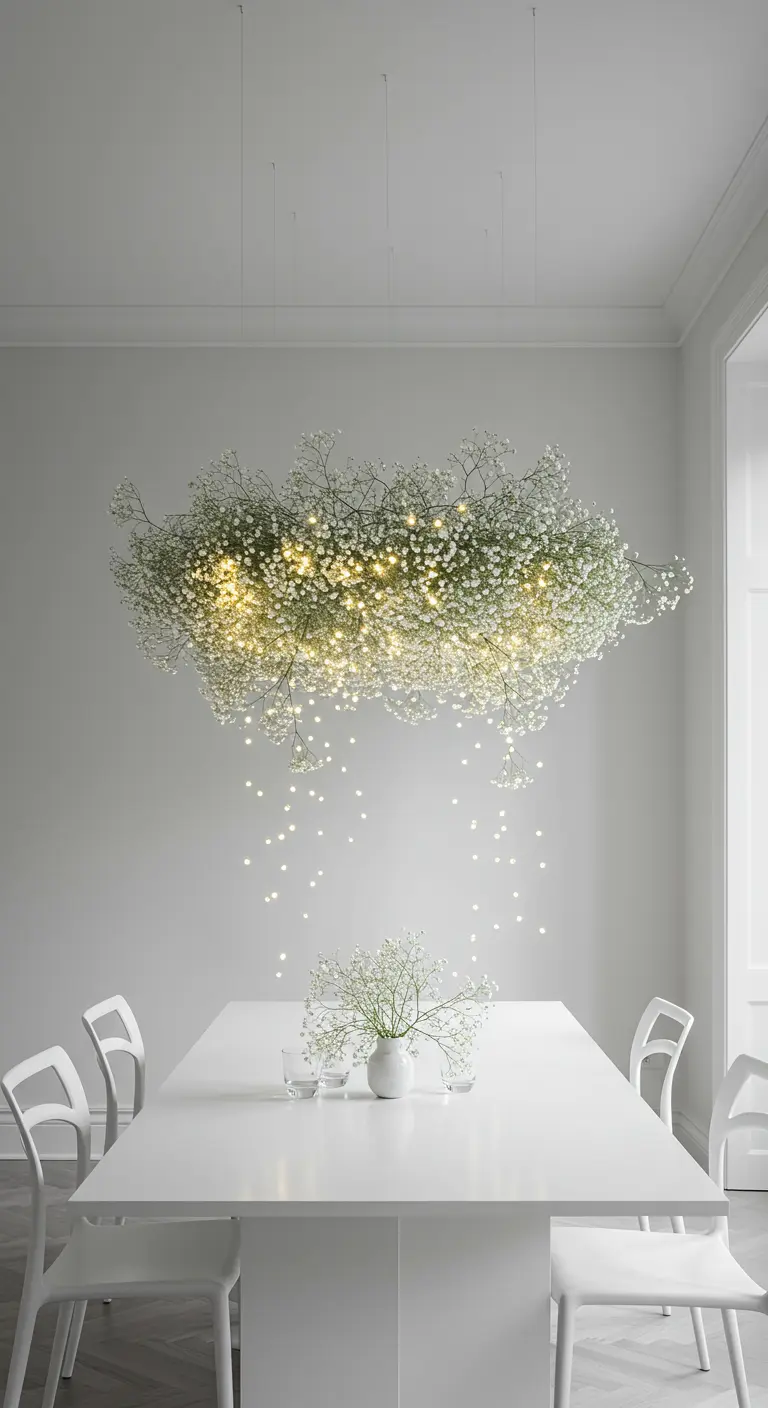 Une grande suspension en forme de nuage faite de gypsophile et illuminée de l'intérieur par des lumières.