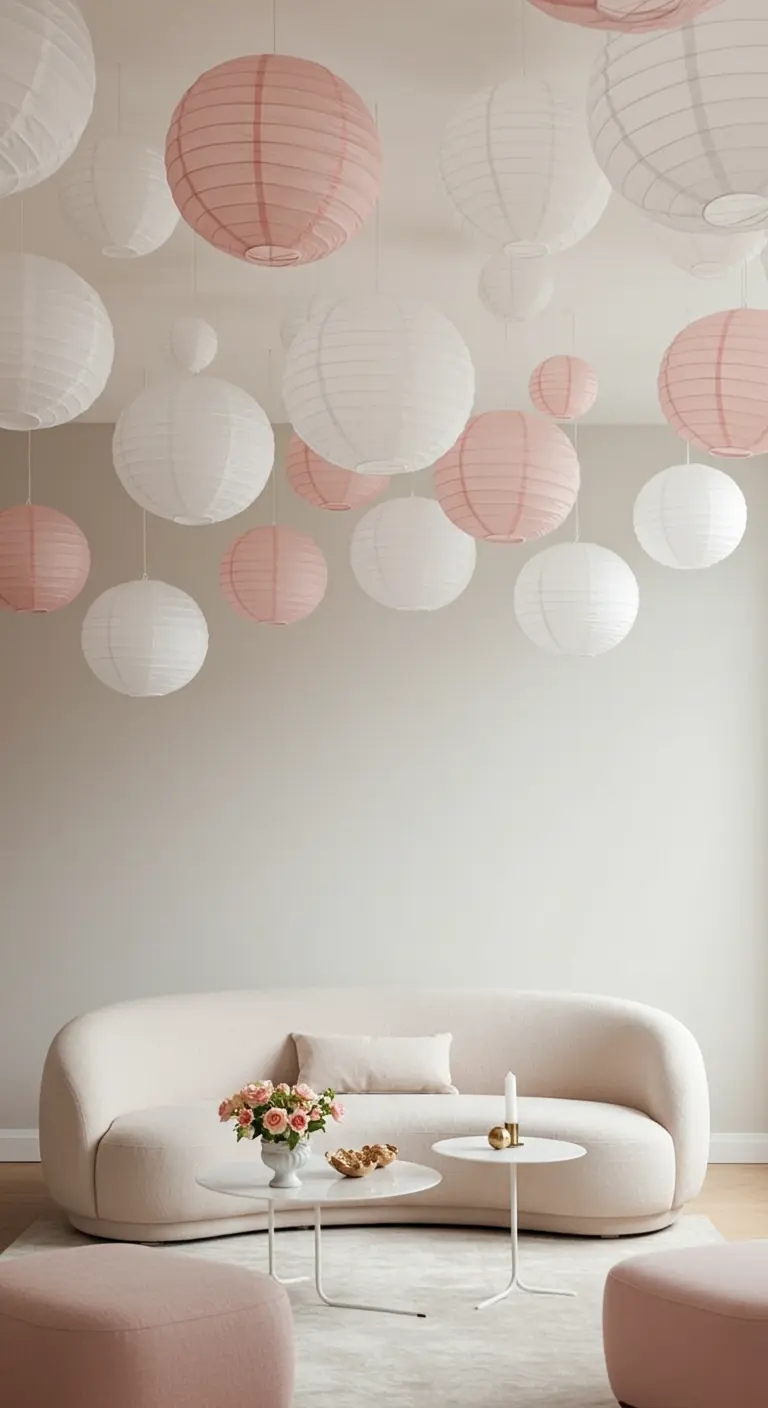 Plafond d'un salon minimaliste décoré d'un amas de lampions en papier blancs et roses.