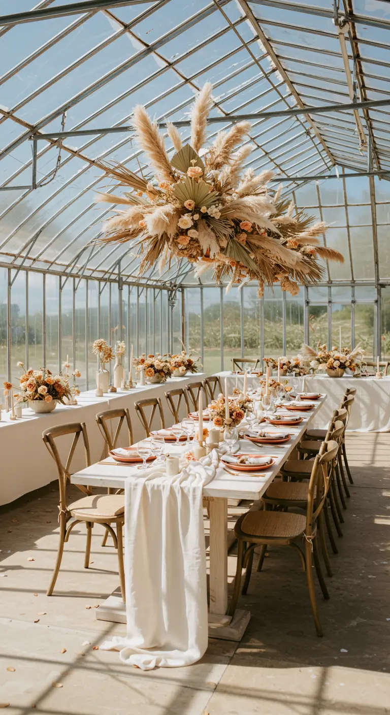 Table de mariage dans une serre avec un immense nuage de pampa suspendu.