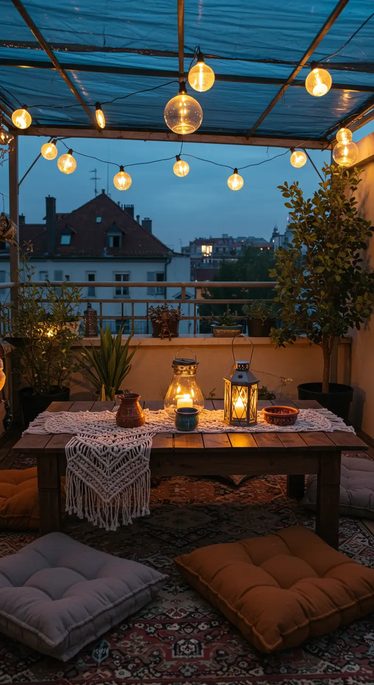 Balcon aménagé avec une table basse, des coussins au sol et des guirlandes lumineuses