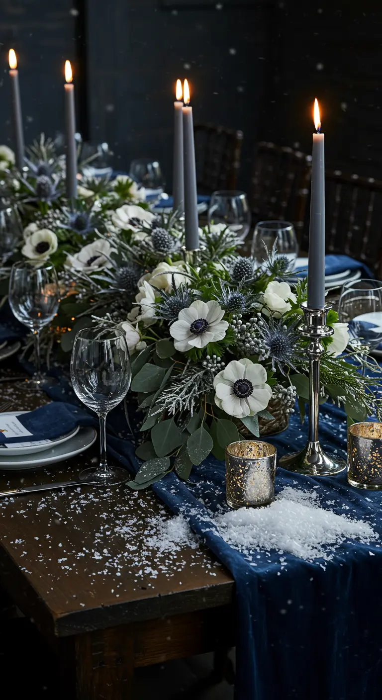 Table de fête bleu nuit avec anémones, bougies grises et neige.