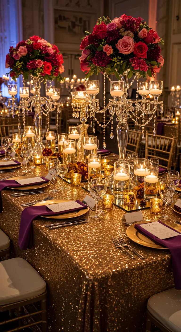 Table de réception luxueuse avec nappe à paillettes et candélabres.