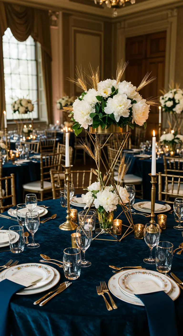 Table de mariage chic avec nappe en velours bleu, décorations dorées et pivoines.