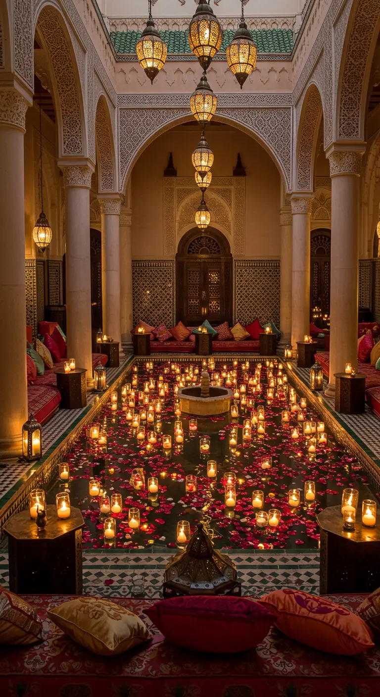 Patio de riad marocain avec un bassin rempli de bougies et de pétales.