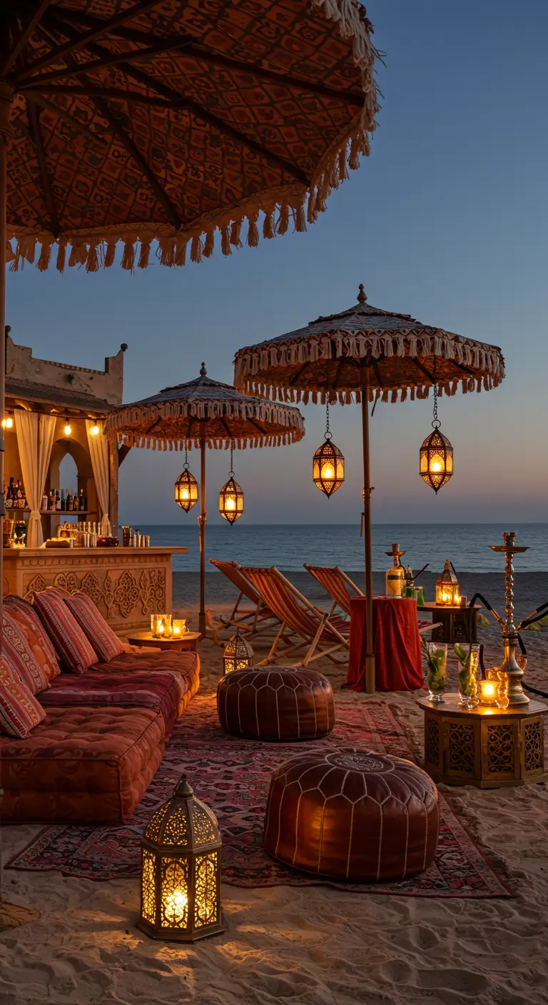 Ambiance marocaine sur la plage avec des lanternes, des tapis et des poufs.