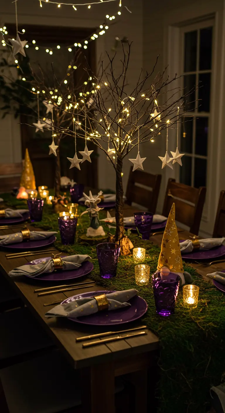 Table de fête nocturne avec un arbre lumineux, des bougies et de la vaisselle violette.