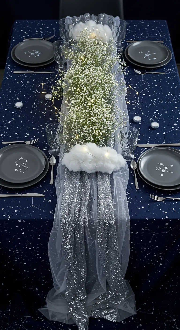 Table de fête avec nappe constellation, nuage de gypsophile et guirlandes lumineuses.
