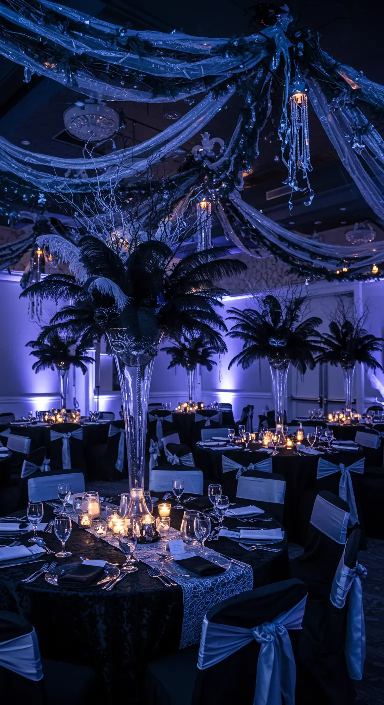 Salle de réception sombre avec un éclairage bleu, des plumes noires et des masques.