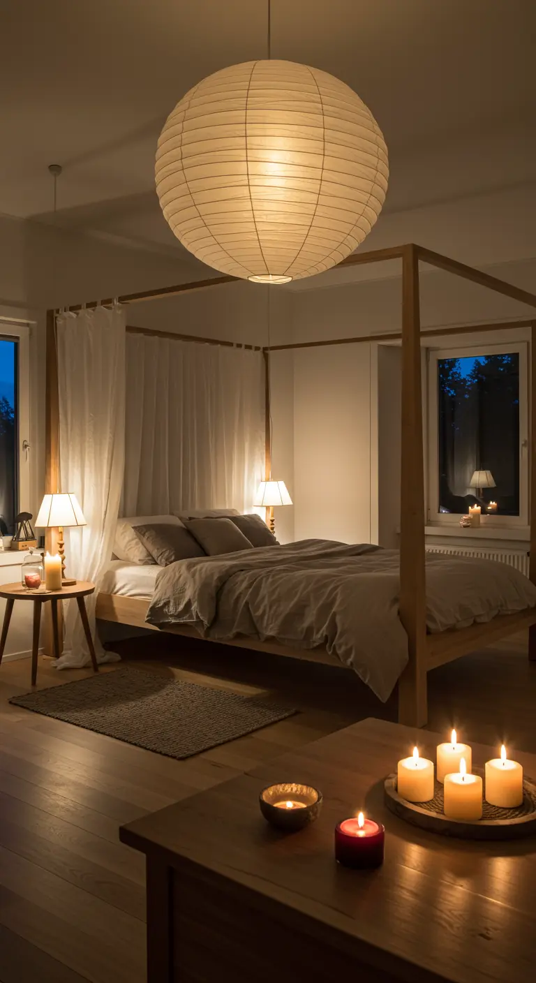 Chambre avec lit à baldaquin, grande suspension en papier et plusieurs bougies allumées.