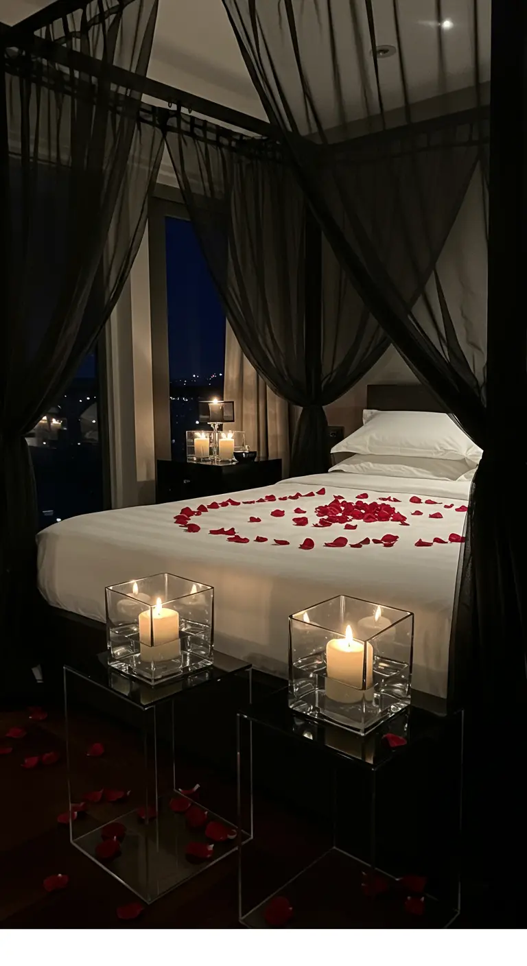 Lit à baldaquin avec voilages noirs, pétales de roses et bougies.