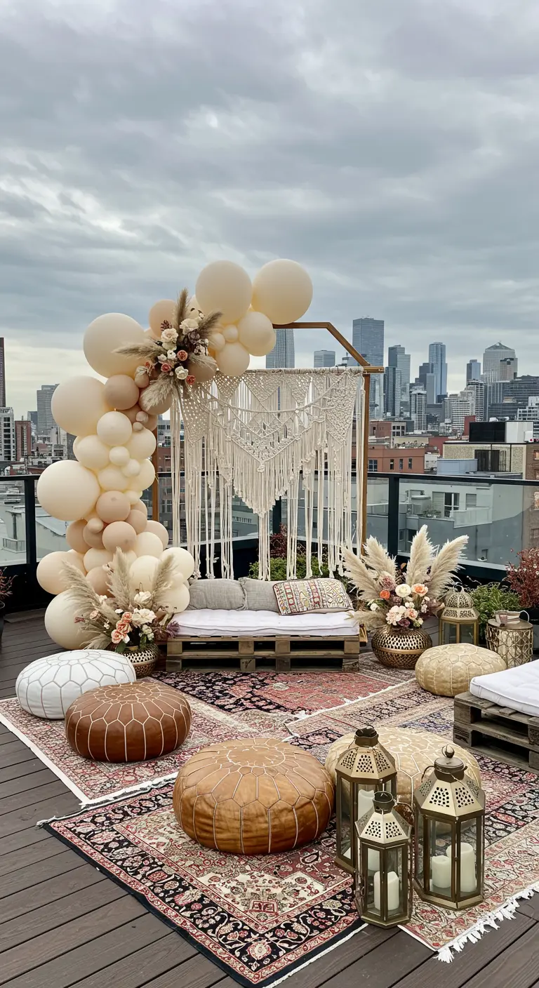 Arche de ballons crème avec du macramé sur un rooftop aménagé en salon bohème.