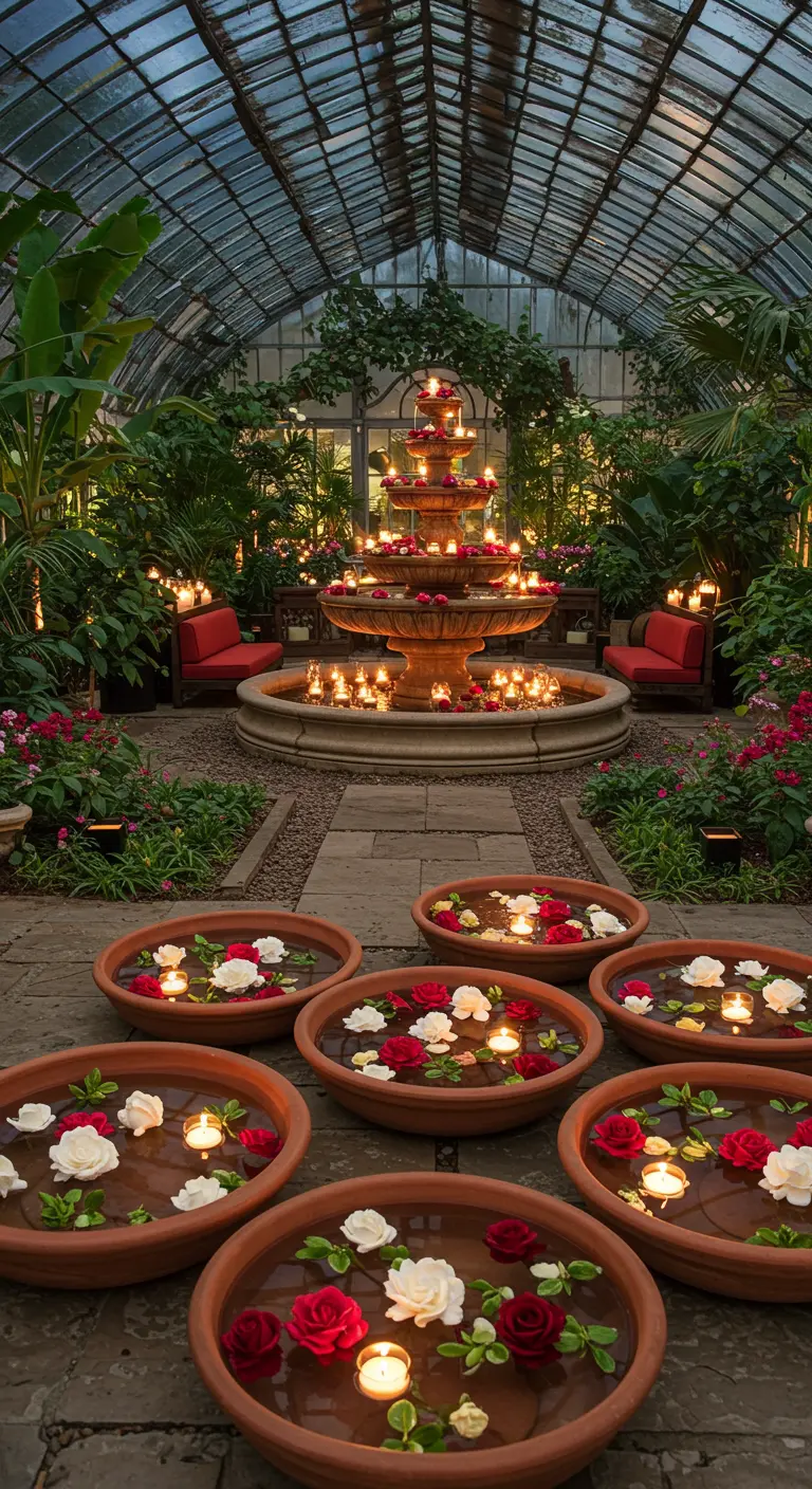 Serre tropicale avec une fontaine et des vasques remplies de fleurs.