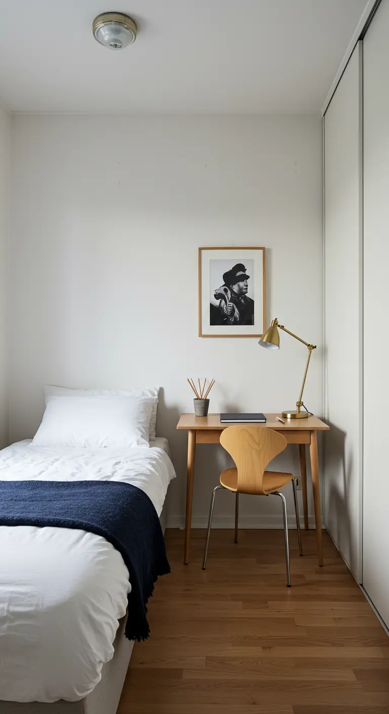 Petite chambre avec un lit simple, un bureau en bois et une chaise design.