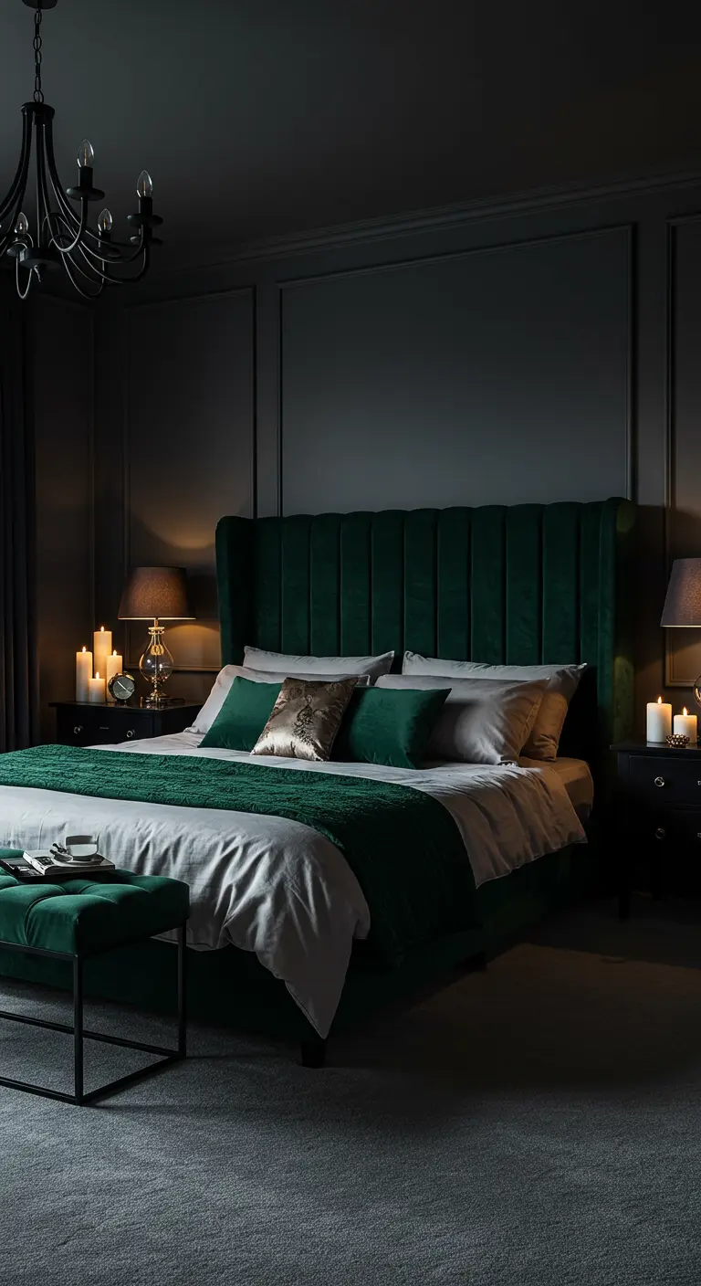 Chambre luxueuse avec une tête de lit en velours vert émeraude et un éclairage tamisé.
