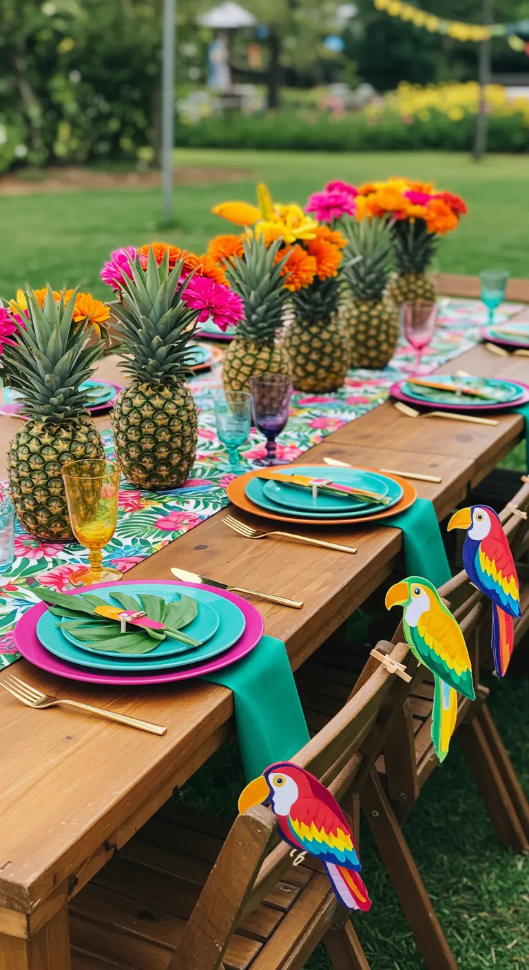 Table de fête tropicale avec des ananas, des fleurs fuchsia et des perroquets en papier.