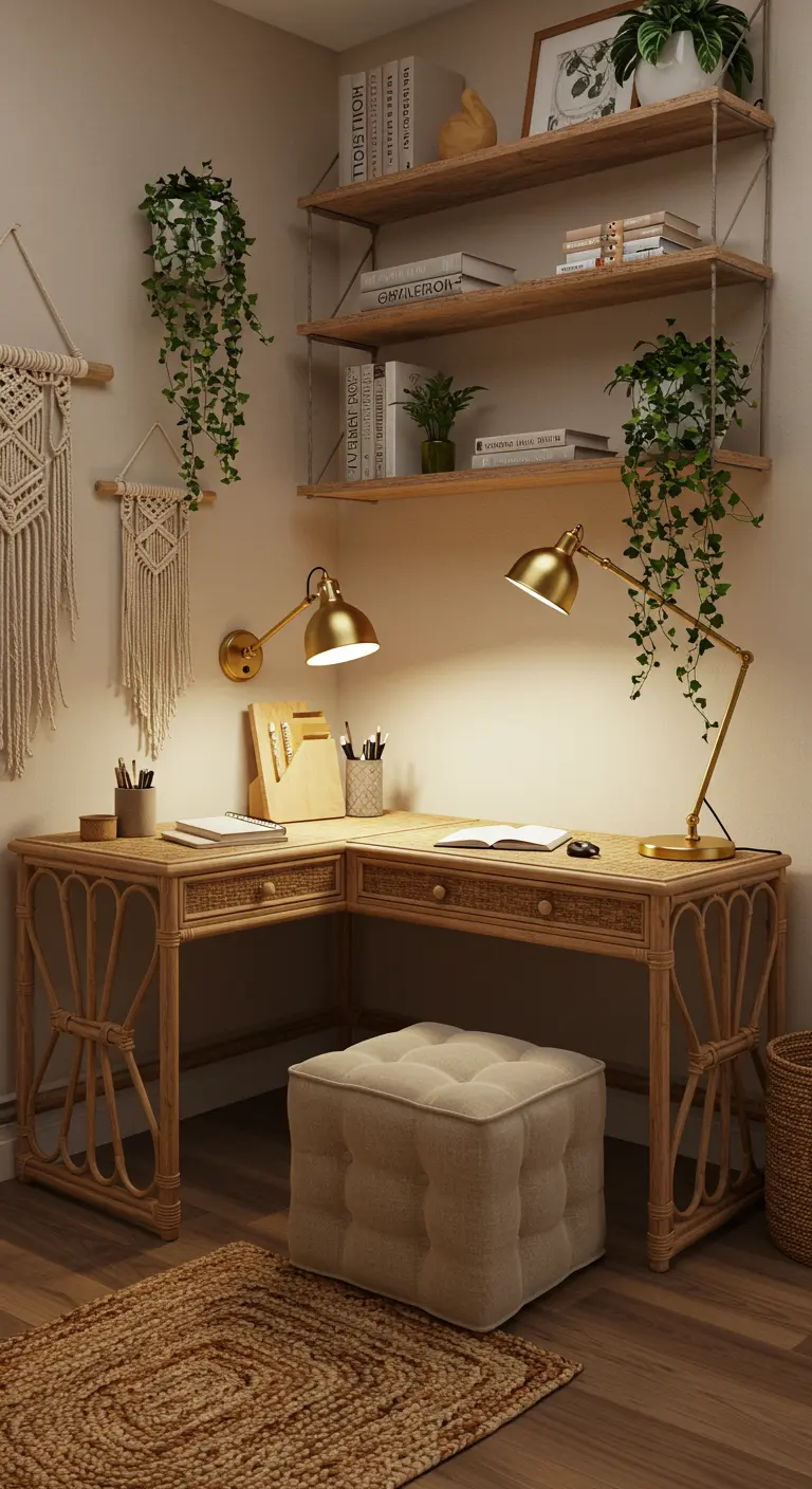 Bureau d'angle en rotin avec lampes dorées, plantes et décorations murales en macramé.